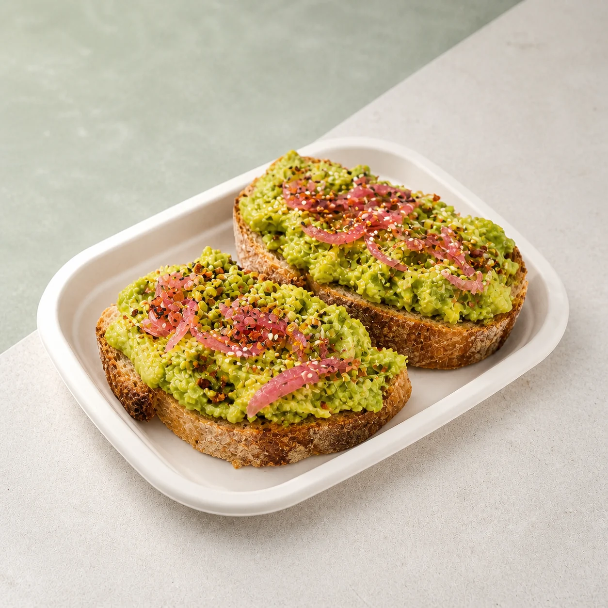 Avocado toast with pickled onion, chilli flakes and sesame