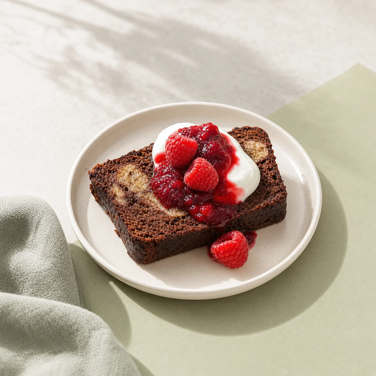 Chocolate banana bread with yogurt, berry compote and raspberries