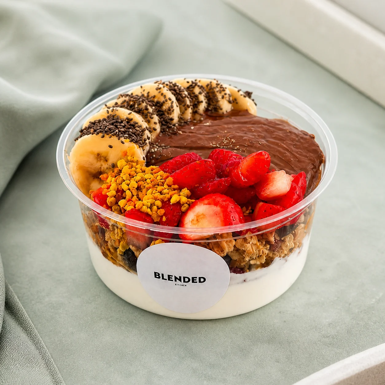 A fruit, granola and chocolate smoothie bowl