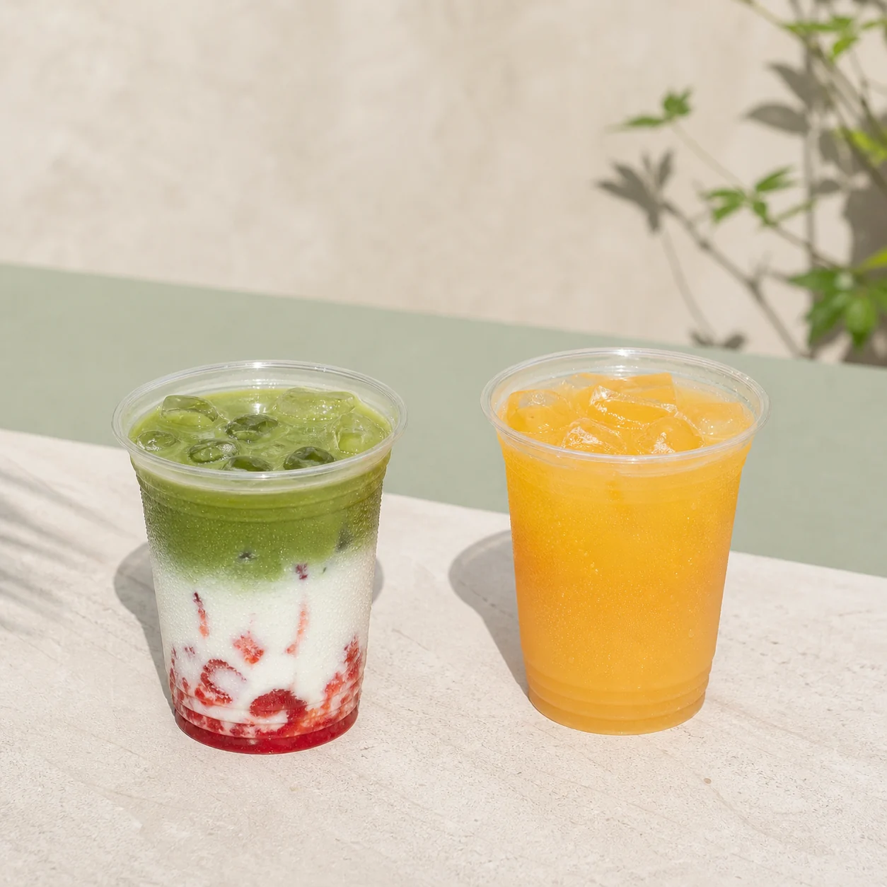 A strawberry matcha latte beside fresh orange juice